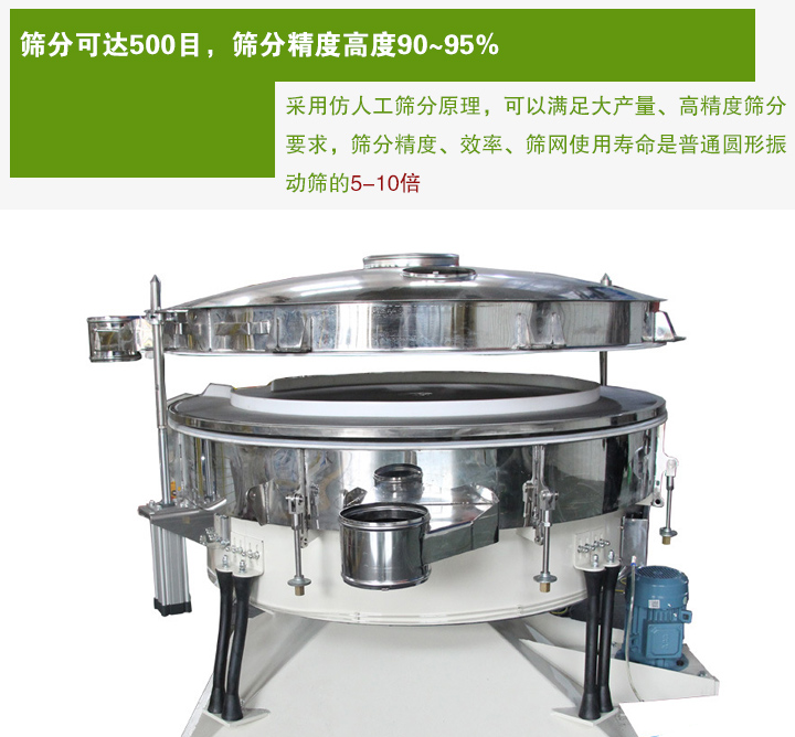 搖擺篩分機(jī)采用仿人工篩分原理，可以滿足大產(chǎn)量、高精度篩分 要求，篩分精度、效率、篩網(wǎng)使用壽命是普通圓形振 動(dòng)篩的5-10倍