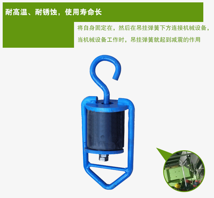 吊掛彈簧將自身固定在，然后在吊掛彈簧下方連接機(jī)械設(shè)備， 當(dāng)機(jī)械設(shè)備工作時(shí)，吊掛彈簧就起到減震的作用