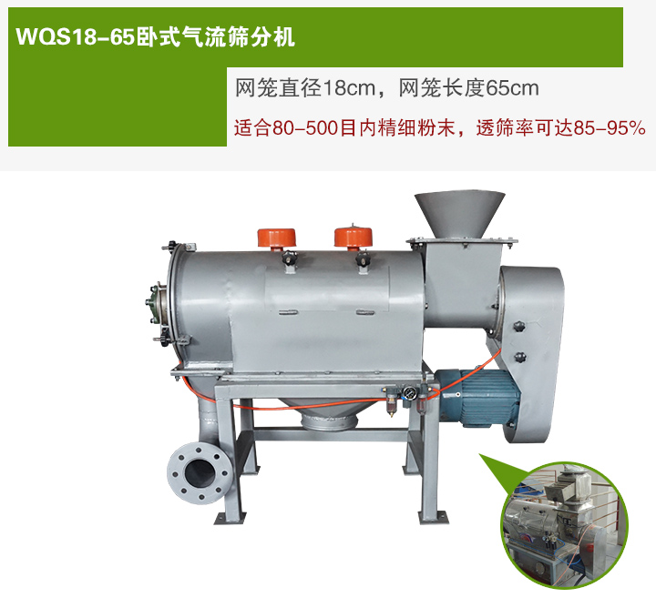 WQS18-65臥式氣流篩分機網(wǎng)籠直徑為18cm，網(wǎng)籠長度為65cm
